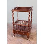 A mid 19th Century burr walnut Canterbury whatnot on barley twist supports