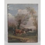 An oil on panel depicting a cattle and farming scene,