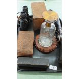 A burr walnut box, two pairs of binoculars, a laboratory devise,