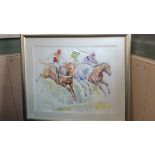 Jacqui Jones watercolour of a Newmarket equine scene,