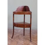 A George III corner mahogany washstand with boxwood strung drawers