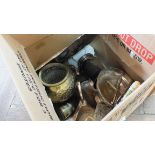 A box of silver plated and metal wares plus a horn snuff mull