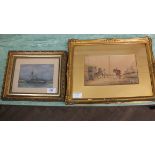 A watercolour of cart horses with drover plus a watercolour of a sailing ship unloading cargo