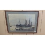 A watercolour of Dutch barges moored in an estuary by G W Miller,