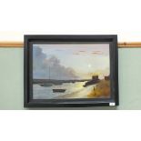 H J Rous oil on board of Southwold harbour at dusk, dated 1970,