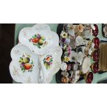 A tray of assorted glass and china including a set of five gilded ruby glass champagne boats,