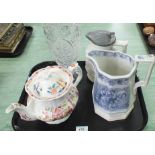 A mid Victorian Staffordshire teapot, blue and white jug 'Hop Queen' pattern,