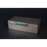 A large silver cigarette box with bark effect decoration and malachite set clasp,