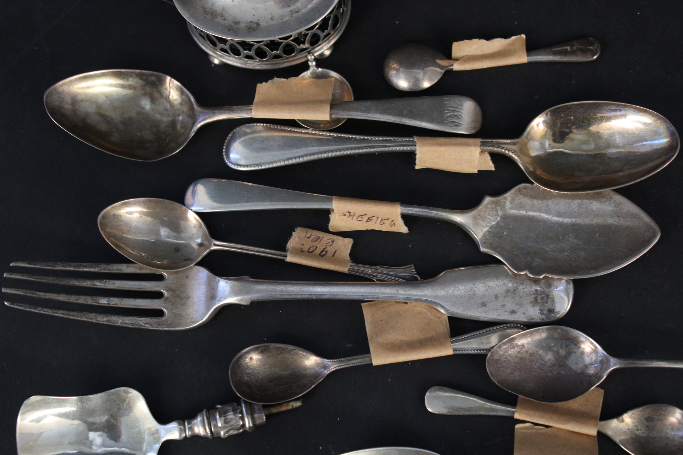 A selection of various silver cutlery (some as found) and a pierced silver mustard with blue glass - Image 3 of 3