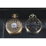 A gold plated half hunter pocket watch (as found) together with a military style pocket watch