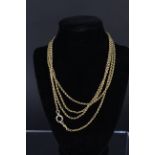 A 15ct gold long guard chain with dog clip and clasp end,