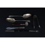 Two Georgian silver spoons, silver sugar tongs, agate handle forks and spoon,