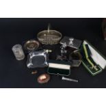 A mixed lot of silver and silver plate including silver mounted blotter, silver model of a bicycle,