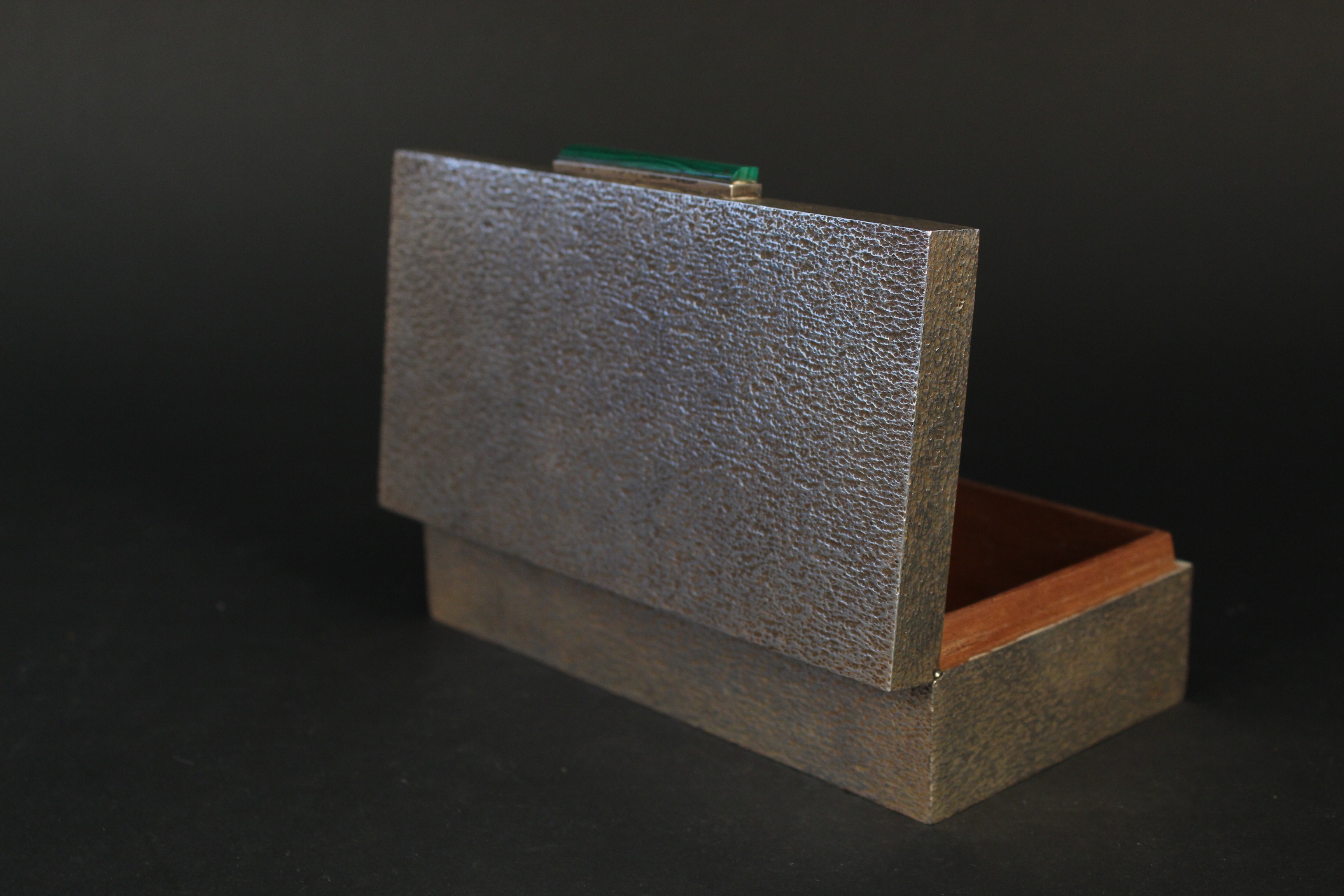 A large silver cigarette box with bark effect decoration and malachite set clasp, - Image 2 of 3