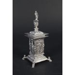 An unusual highly decorated silver inkwell, the main four sided body has a different Roman Goddess,
