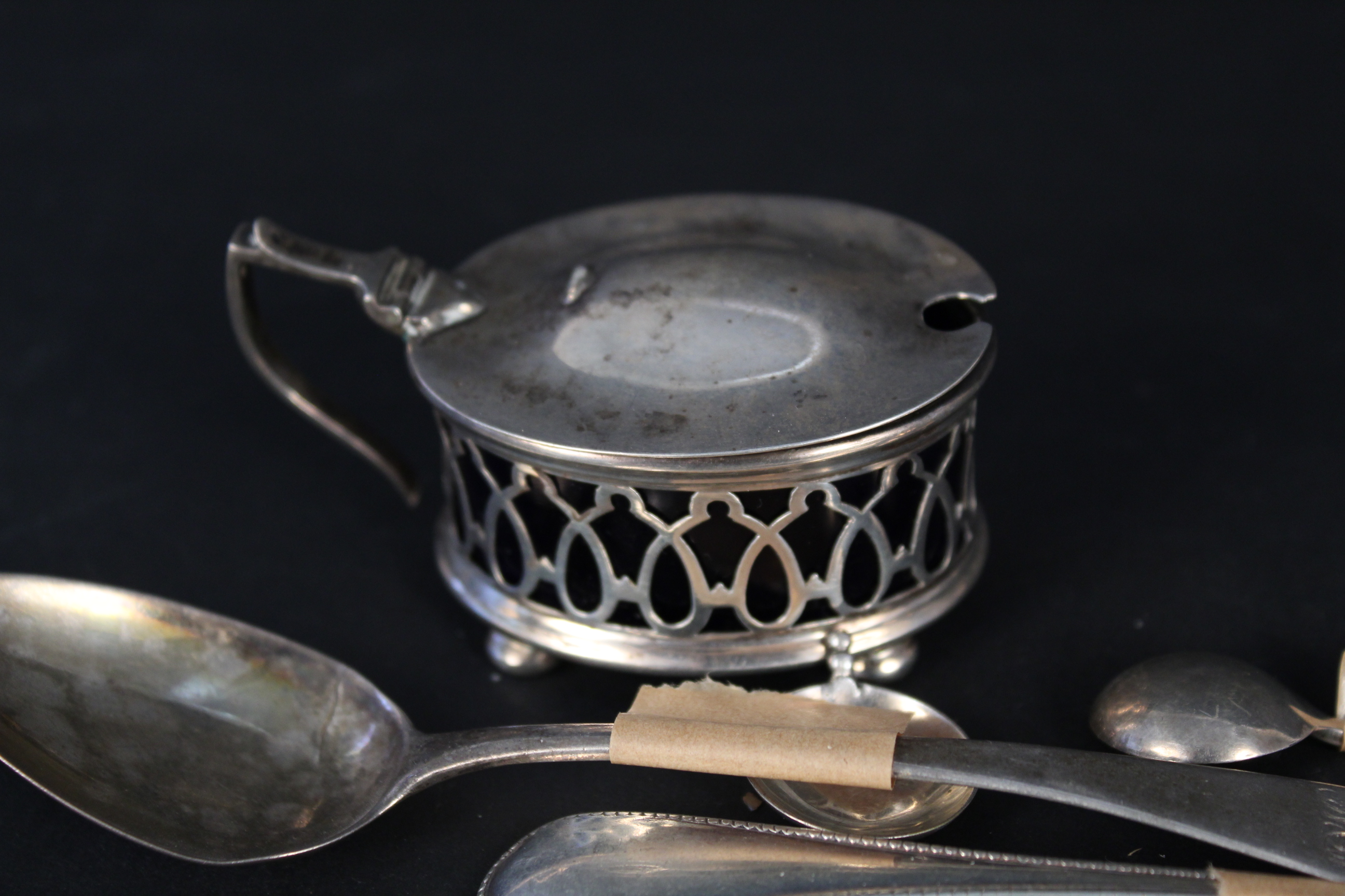 A selection of various silver cutlery (some as found) and a pierced silver mustard with blue glass - Image 2 of 3