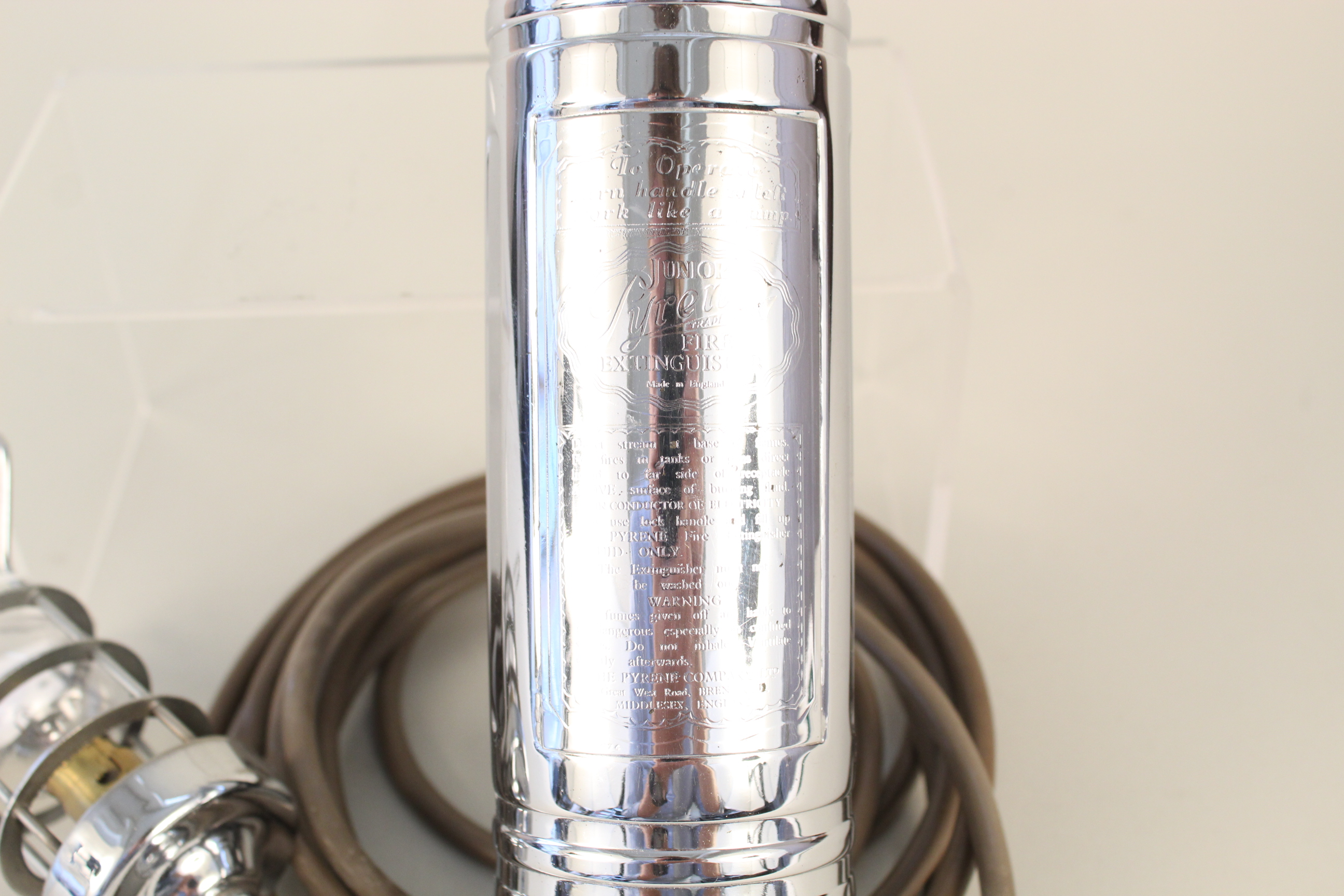 A chrome Junior Pyrene fire extinguisher with holder plus a lead lamp - Image 2 of 3