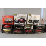Eight boxed Burago model cars plus three kit form cars