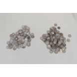 Two bags of silver threepenny pieces, one bag containing approx 130 pre 1920 pieces,