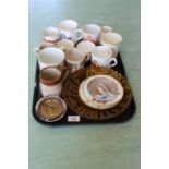 A tray of Victorian Royal commemorative mugs and cups plus a glass 1887 plate etc