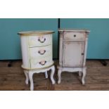 An ornately painted bedside cabinet in French antique style and an unusual oval shaped chest of