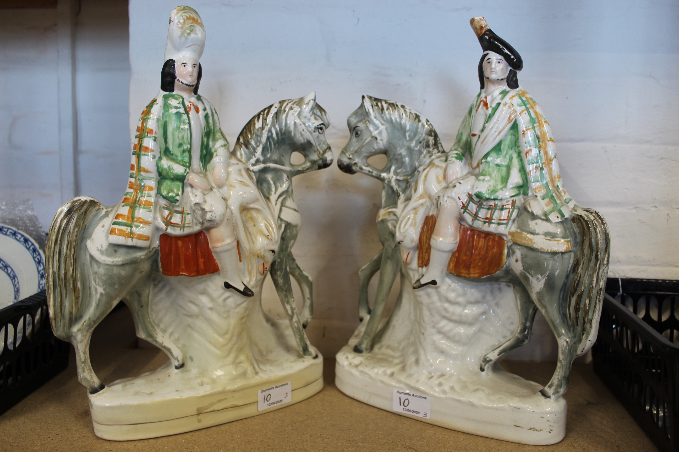 Three large Staffordshire Highland flat back figurines of a hunter with hound and two Scots on - Image 3 of 4