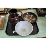 Two Studio Pottery bowls, one with cream crab claw decoration on brown ground and salt glaze,