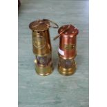 Two vintage brass and copper miners lamps,