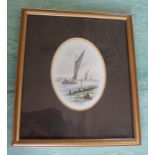 An oval watercolour of a wherry crossing Breydon water, signed S J Batchelder,