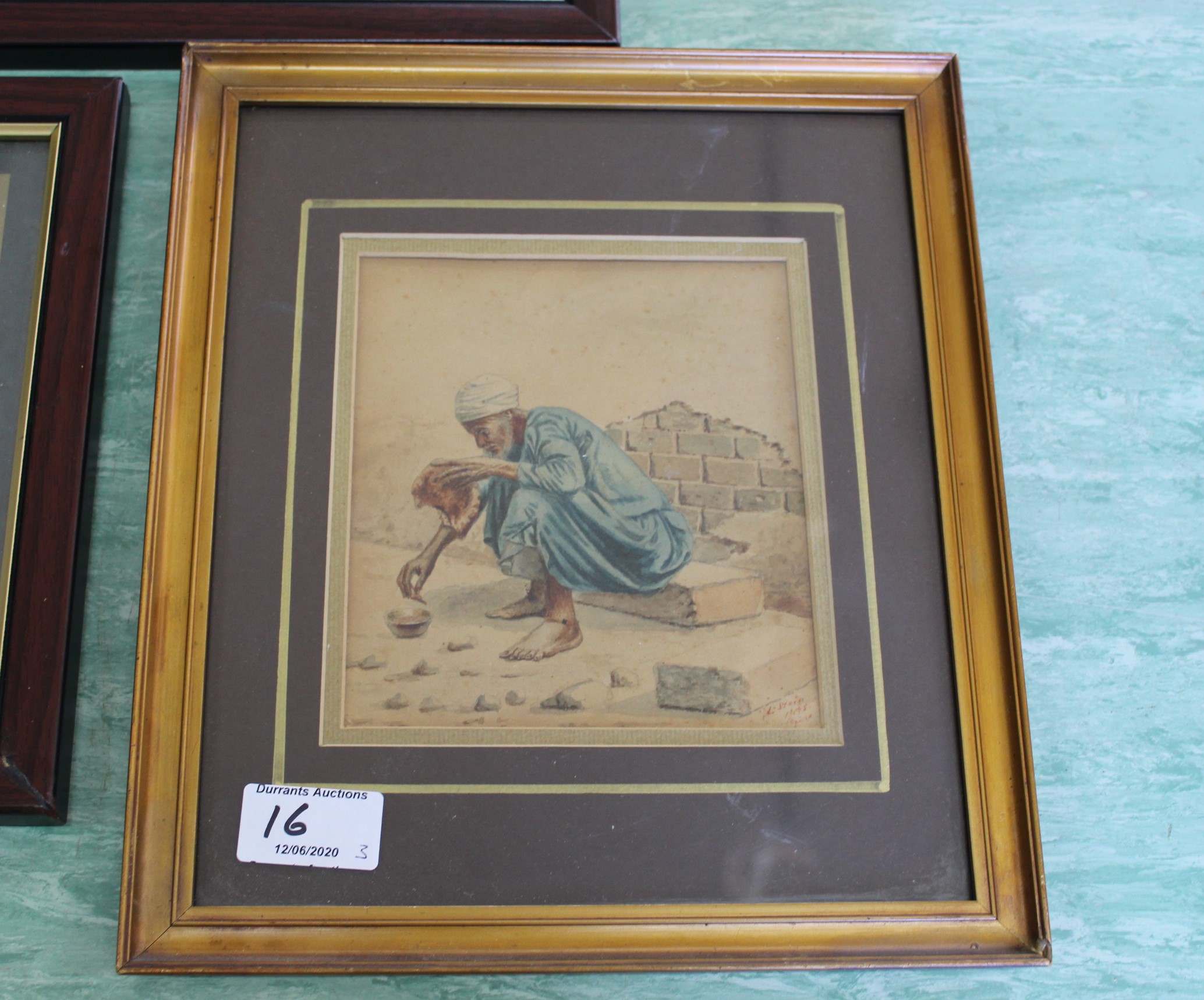 Three small sized framed and glazed watercolours of Arabian scenes, artist signed, - Image 2 of 4