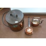 A large antique copper lidded pot together with a copper kettle and a chestnut roaster