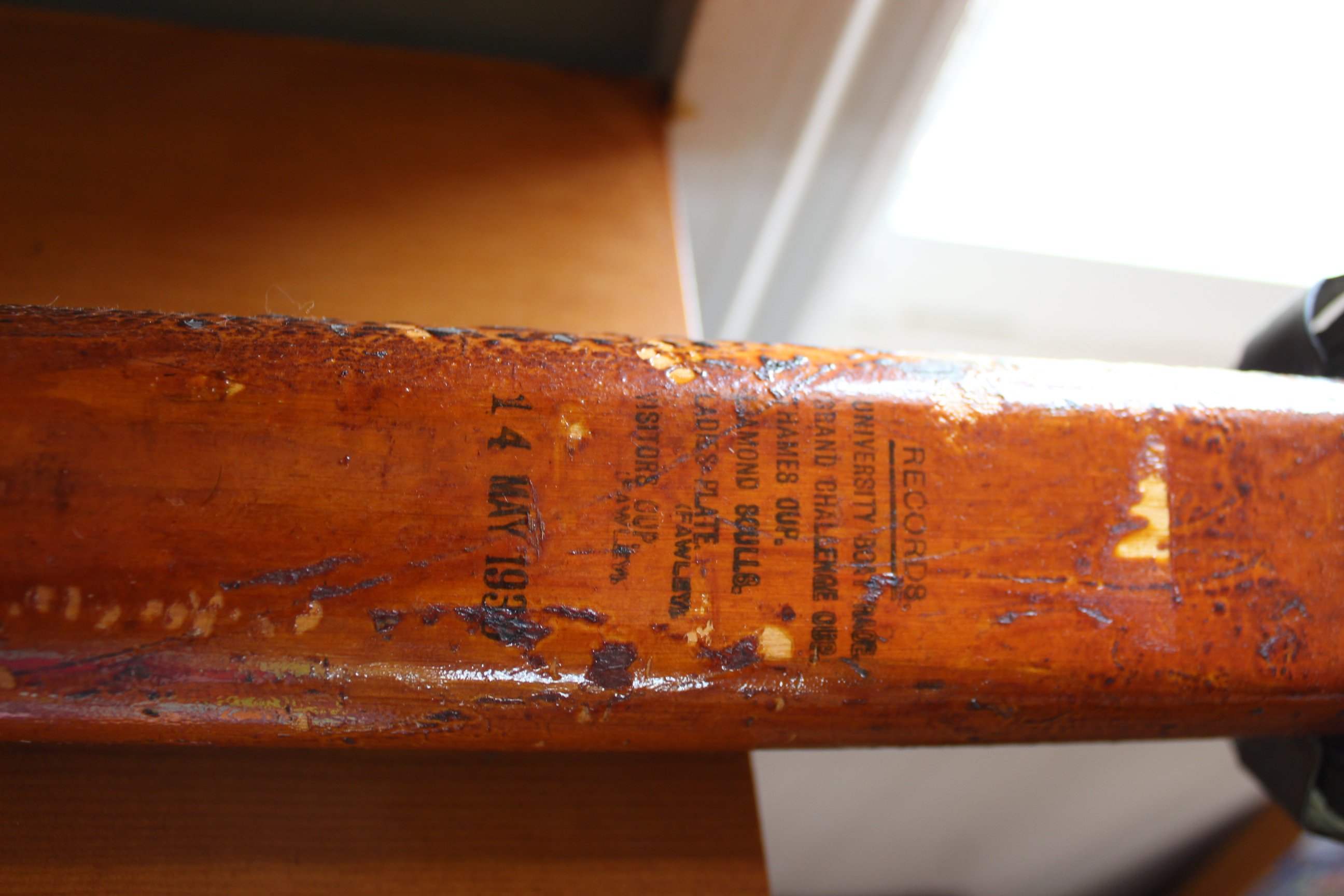 A 12 feet wooden oar, the painted blade: 'Downing 2nd May Boat 1946' and crest, - Image 5 of 7