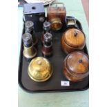A tray with antique box Brownie, two old style lamps, two pairs of binoculars,