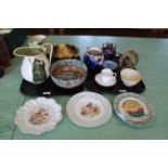 Two trays of assorted china including Royal Doulton bowls and jugs etc plus a modern brass figure