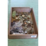 A tray of mixed coinage and notes plus a bag of copper pennies,