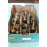 A selection of antique Great Western railway brass and copper carriage lamps converted for
