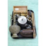 A tray with students microscope, flat irons,