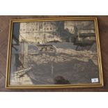 A framed and glazed, black and white print of a dockland scene,