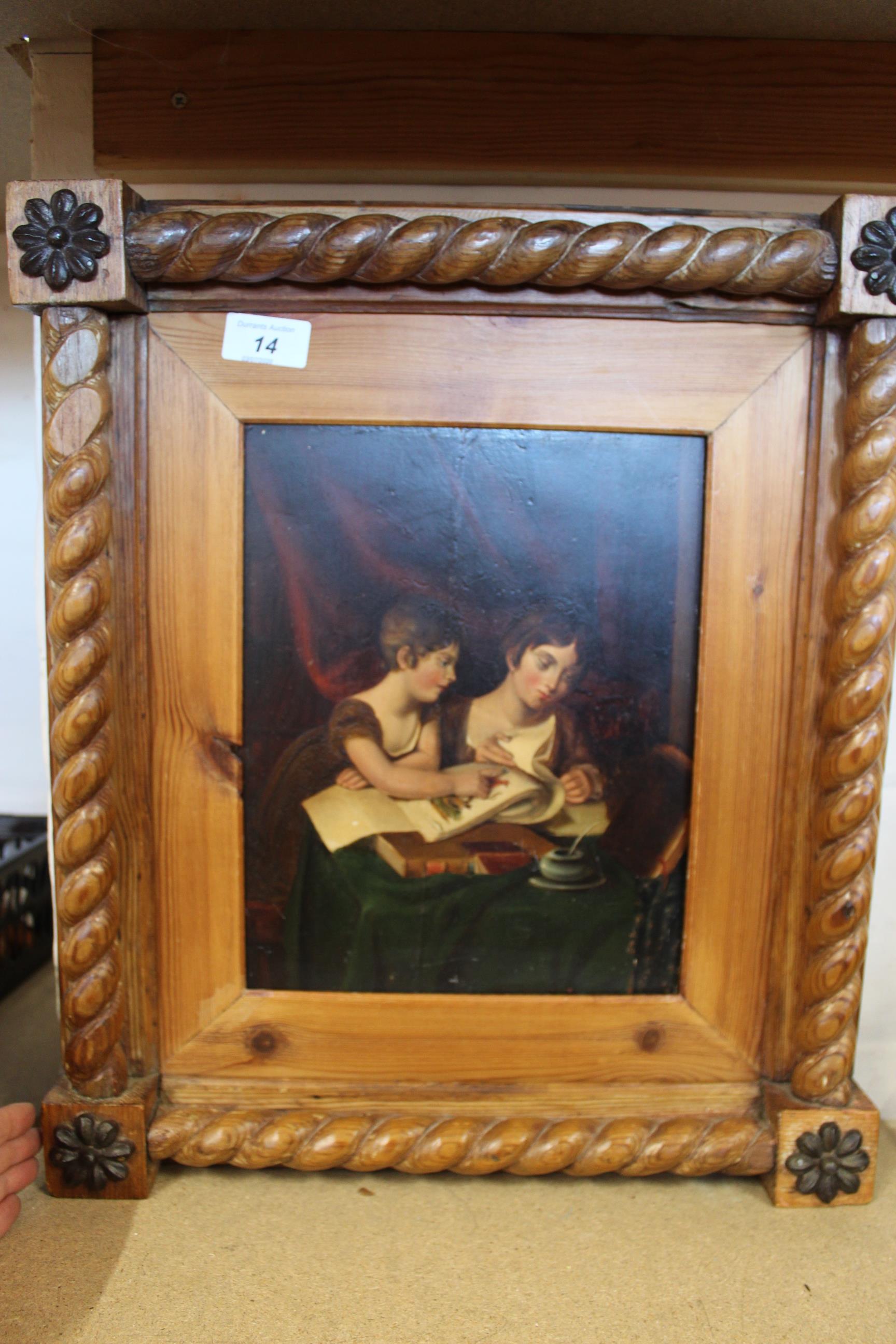 A heavy pine framed Victorian oil on panel of two young ladies,