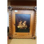 A heavy pine framed Victorian oil on panel of two young ladies,