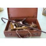 A vintage leather documents case (as found), a vintage brass blow lamp,