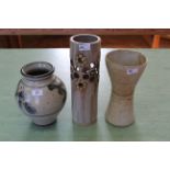 A pale grey and blue decorated bulbous Studio Pottery vase impressed 'Mellow Somerset',