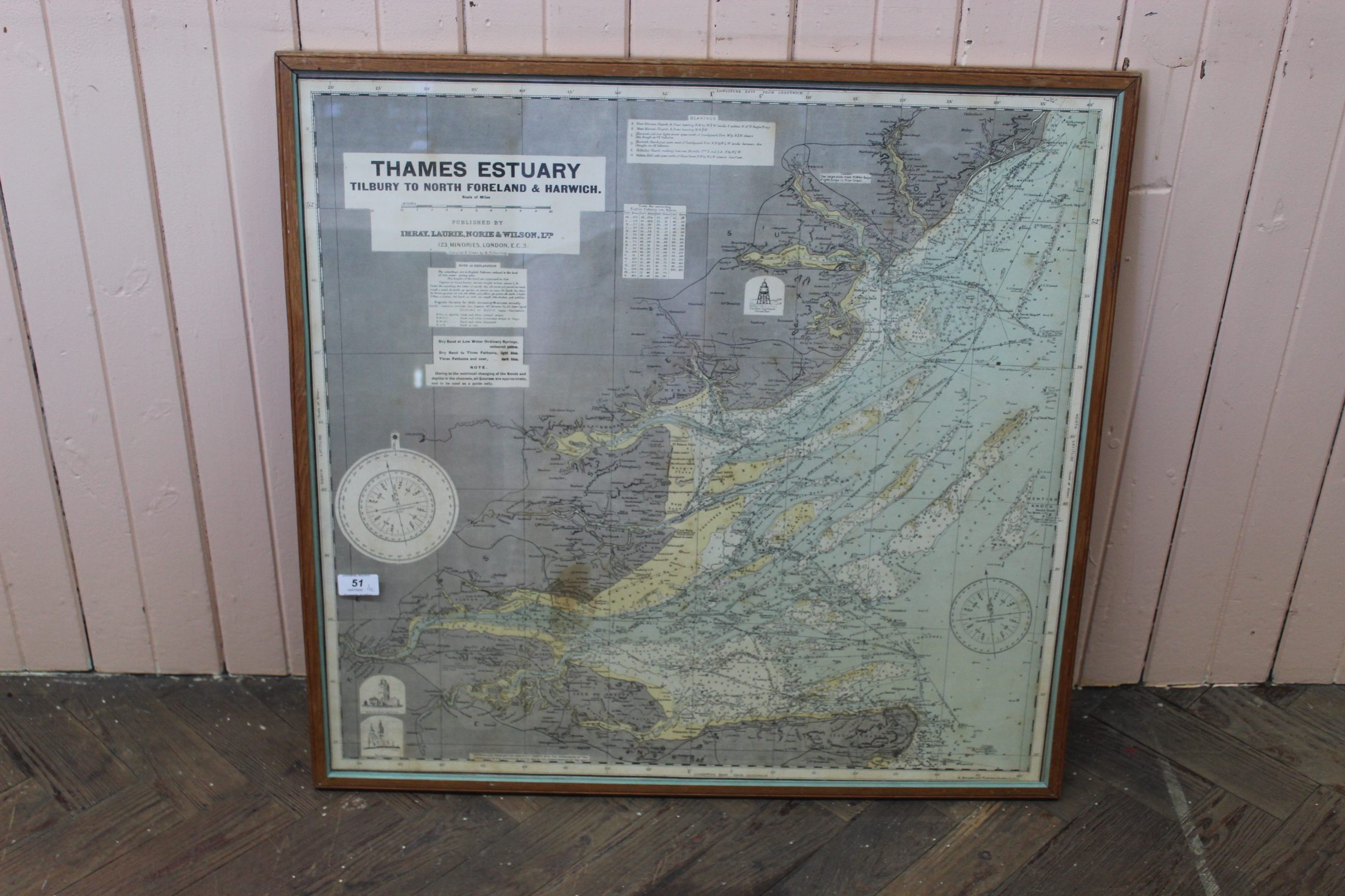 A large framed and glazed map of the Thames estuary together with a framed and glazed watercolour