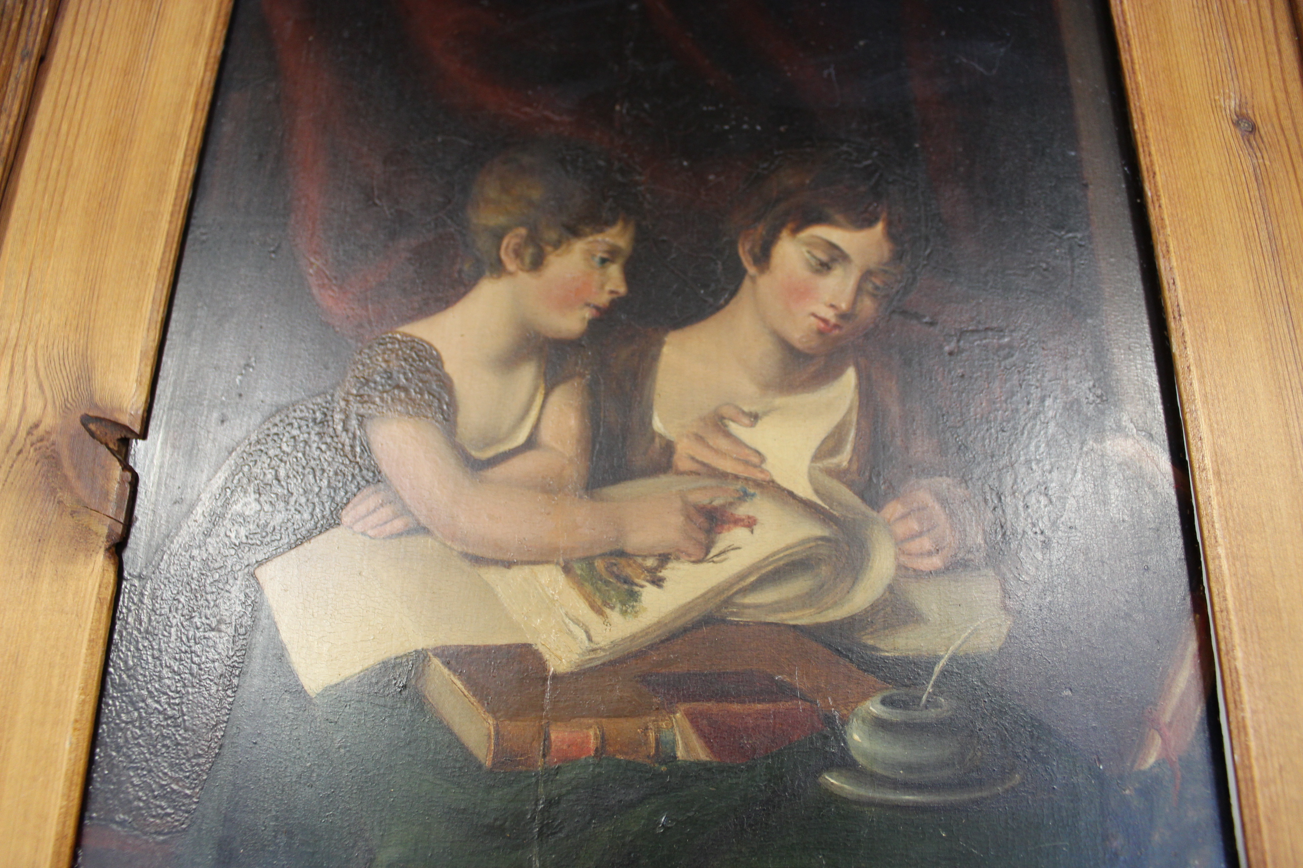 A heavy pine framed Victorian oil on panel of two young ladies, - Image 3 of 3