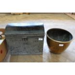 A vintage black finish small tin trunk together with a hand beaten brass bowl