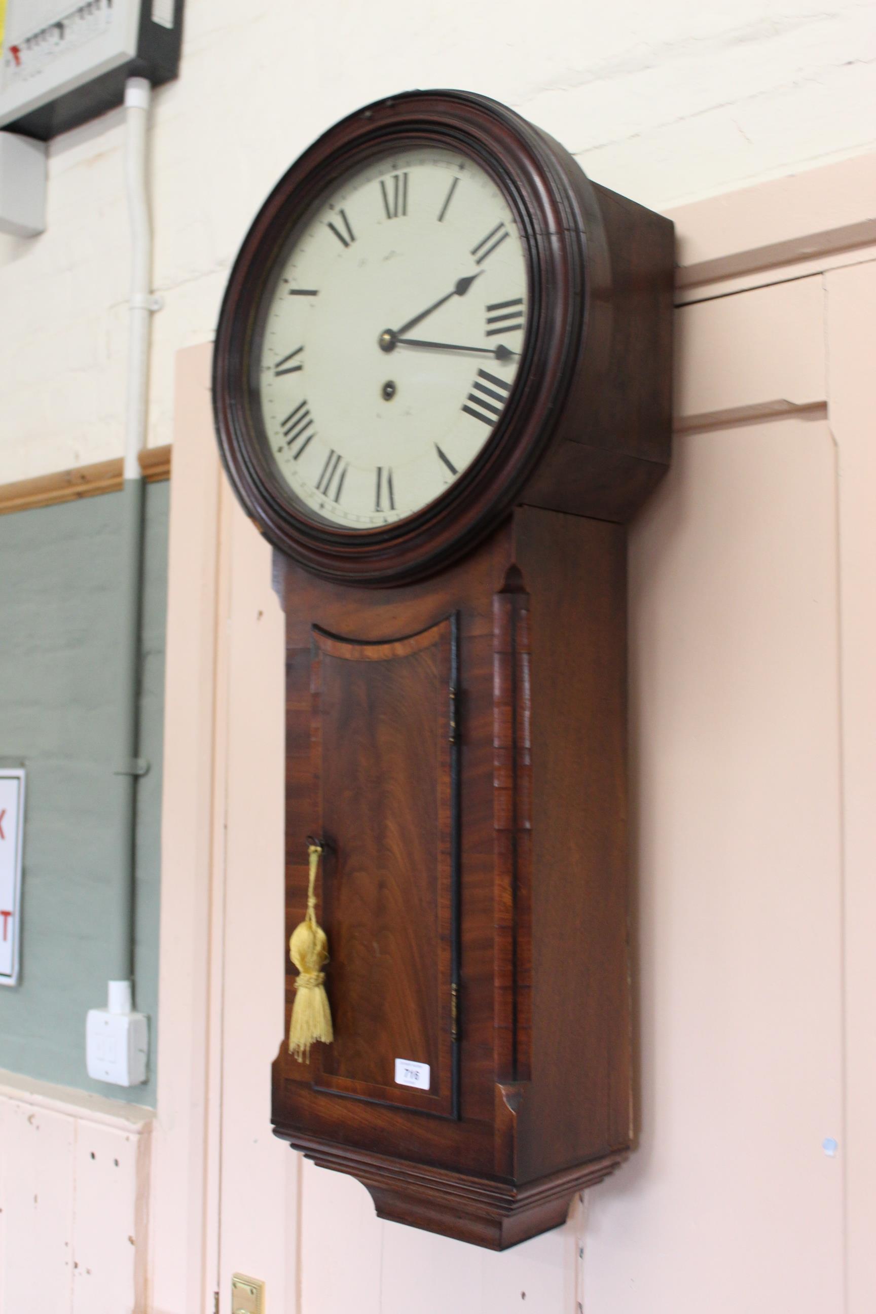 An early 19th Century mahogany trunk dial wall clock with well figured veneers to the case, - Image 2 of 6