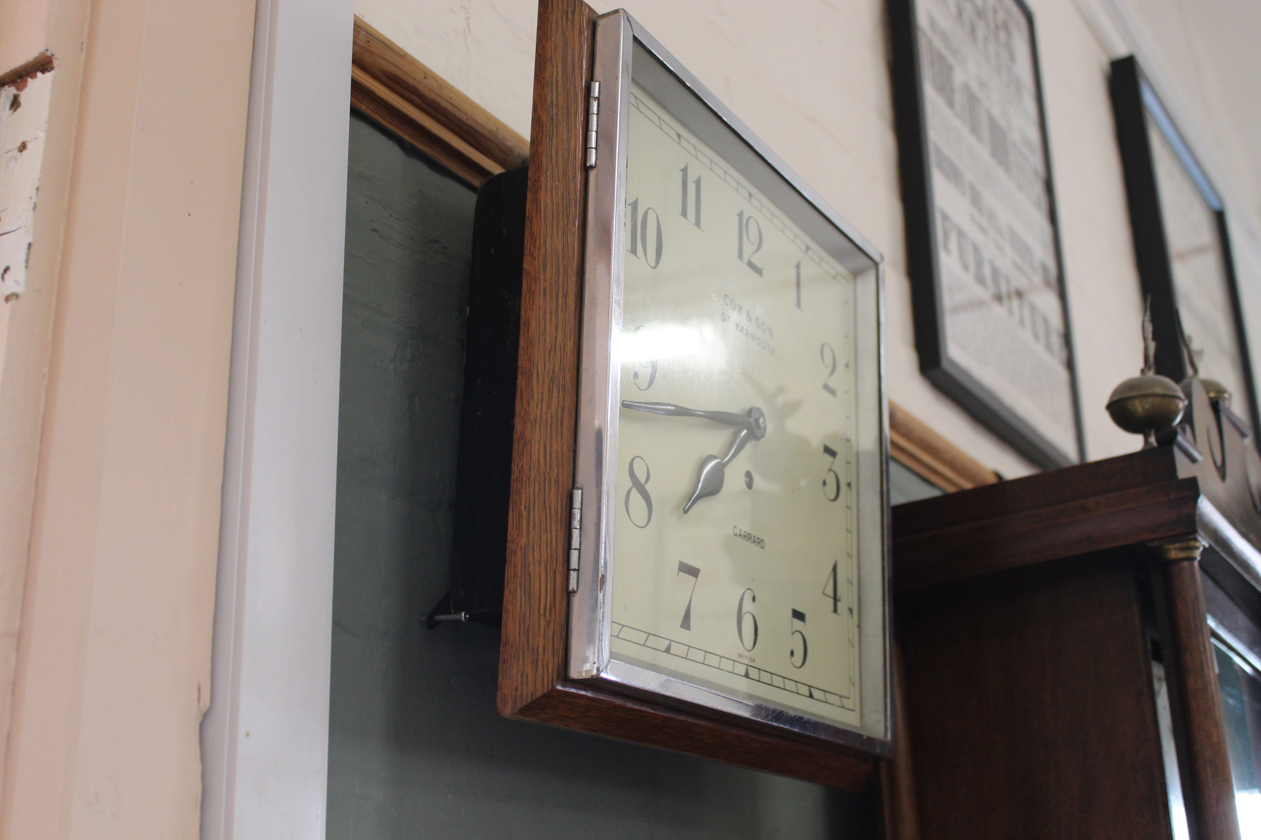 A 1930's chrome and oak Garrard wall clock, - Image 4 of 5