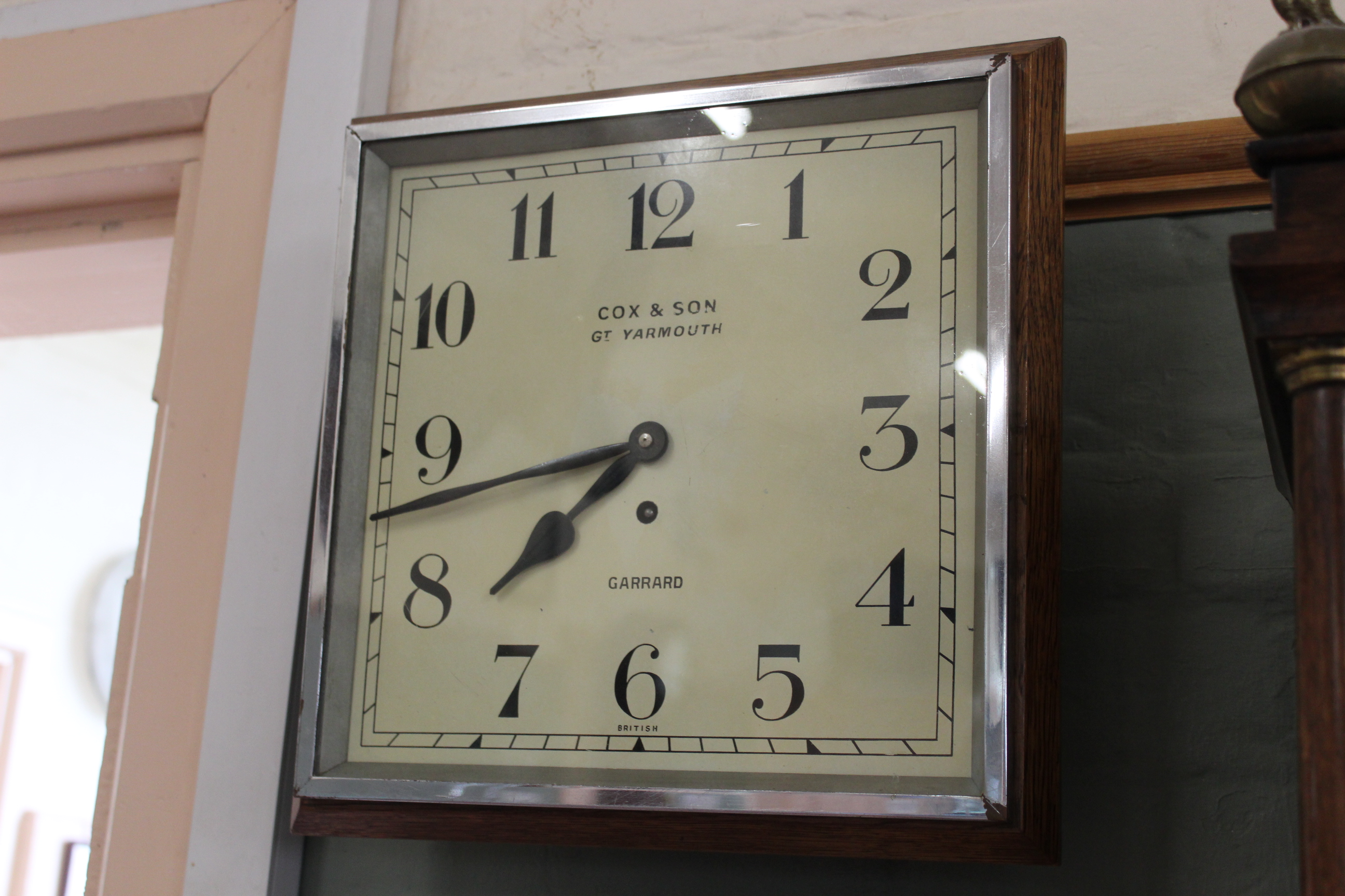 A 1930's chrome and oak Garrard wall clock, - Image 5 of 5