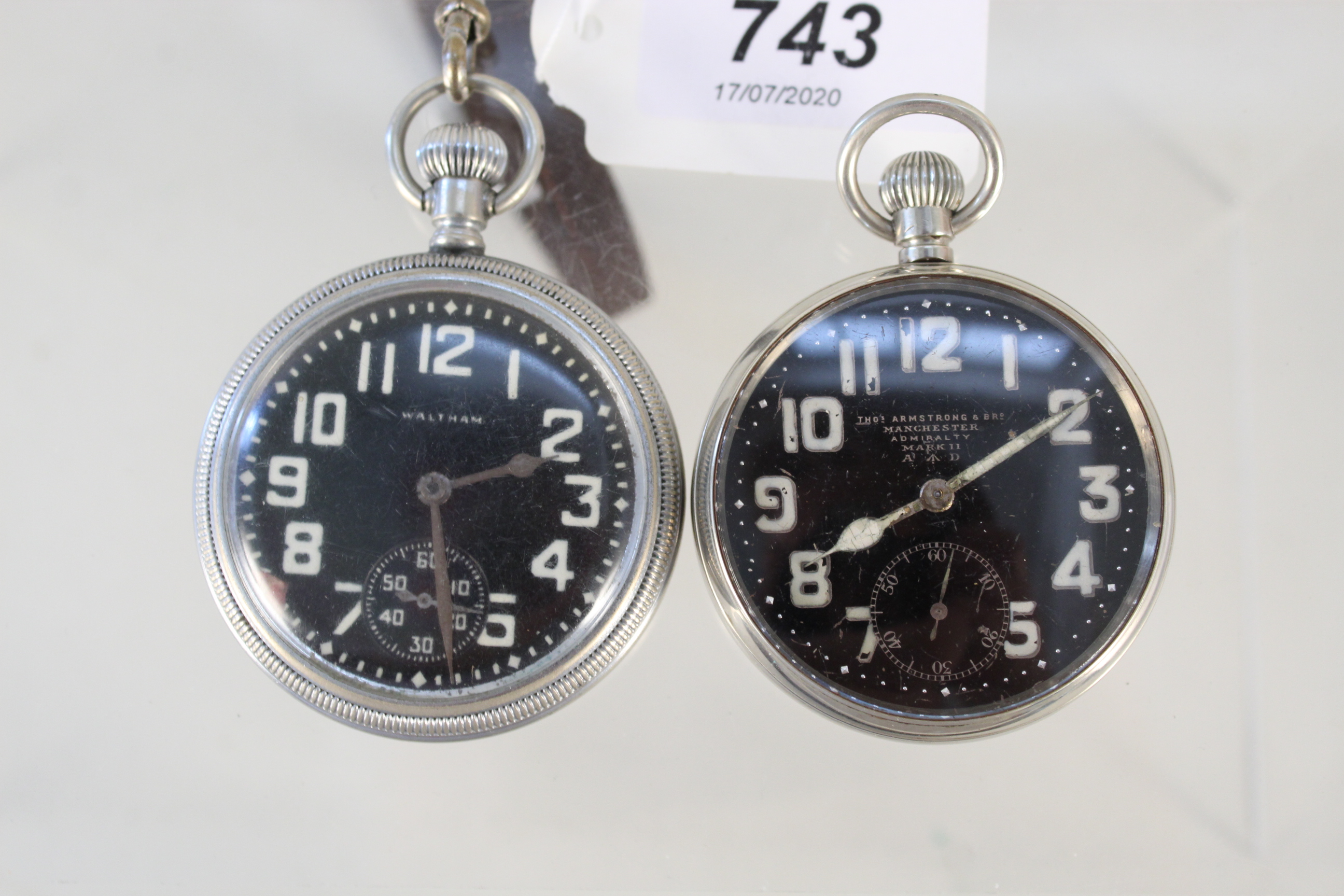 An Armstrong & Bros military pocket watch plus a Waltham military pocket watch