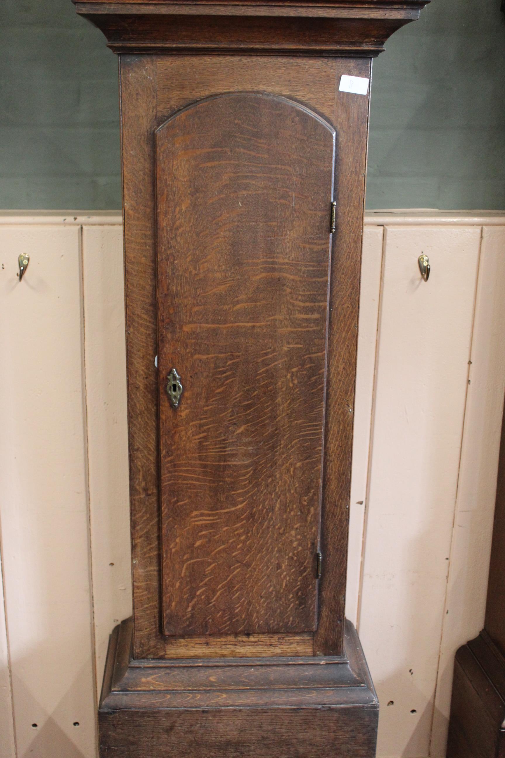 An oak long case clock c1800, the square dial with silvered chapter ring and brass spandrels, - Image 2 of 4